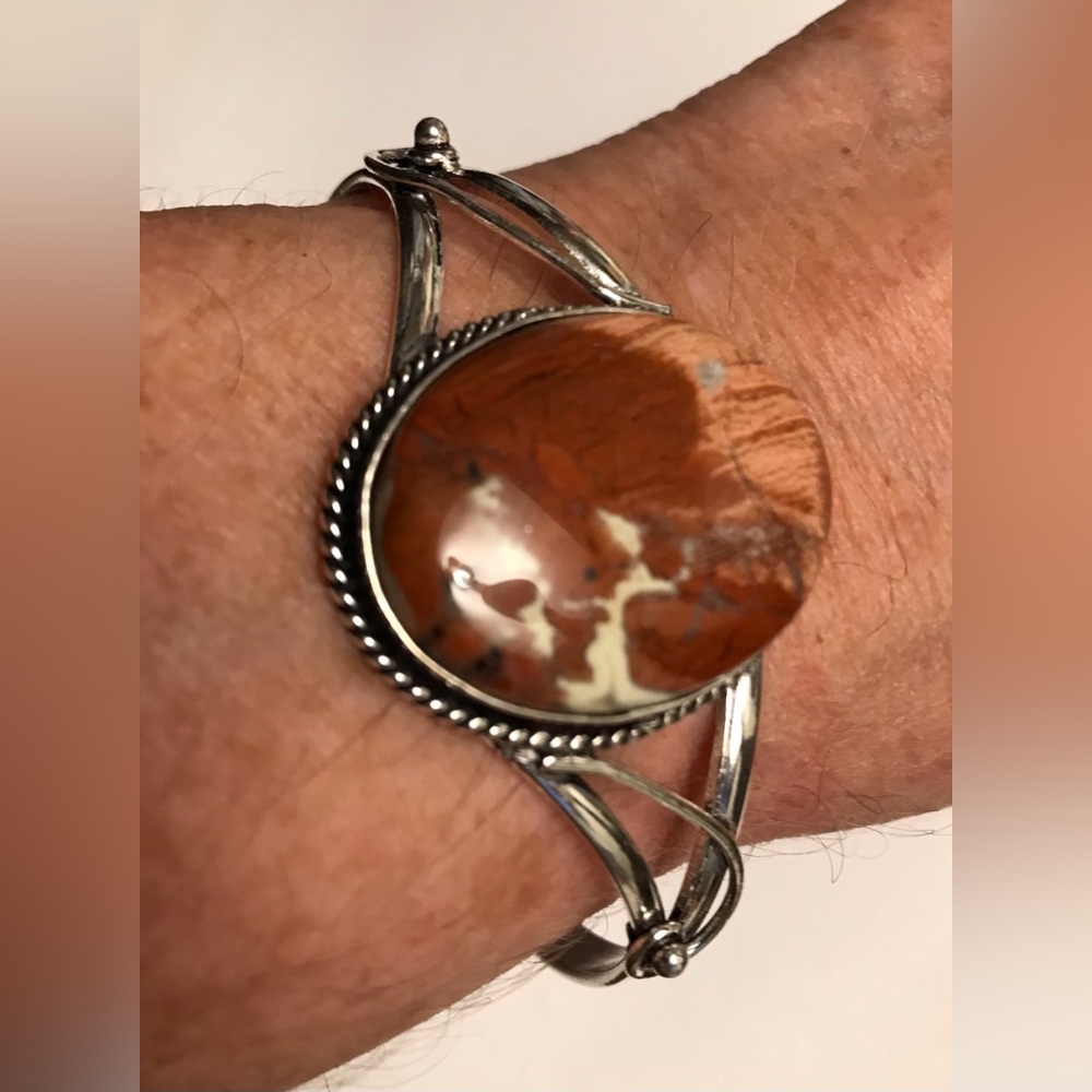 Red Jasper Stamped 925 Sterling Silver Cuff Bracelet